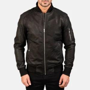 Bomia Ma-1 Distressed Black Leather Bomber Jacket FRONT SIDE